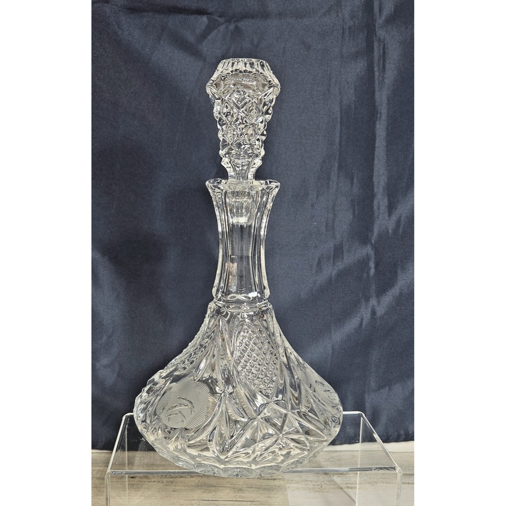Vtg West German Lead Crystal Ships Decanter Monarch Rosa Frosted Rose Diamond
